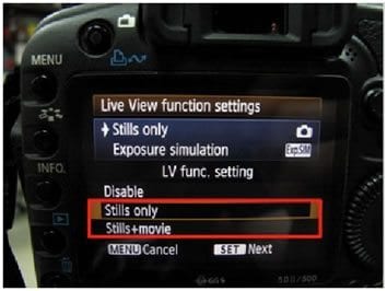 In “LV func. setting“, select and enter “Stills only” or “Stills+movie“.